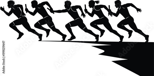 Group of silhouetted runners leaping forward in a dynamic race scene