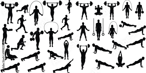 Silhouettes of people in various exercise and fitness poses