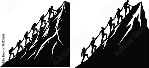 Silhouetted climbers ascending a mountain peak a study in contrast