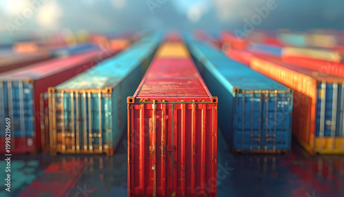 Shipping Containers in Logistics: An organized row of colorful shipping containers presents a view into the world of global trade, showcasing the magnitude of transport and the movement of products.