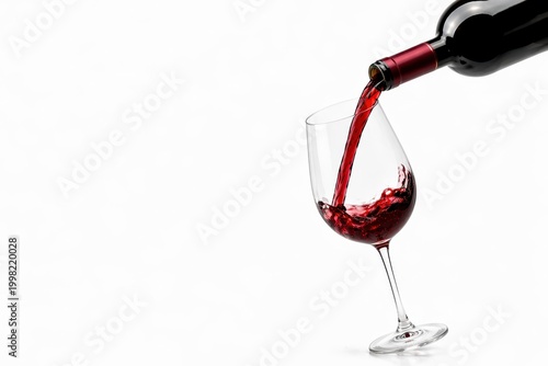 red wine pouring from a bottle into a slender wineglass in a sweeping diagonal composition spacious horizontal wallpaper layout refined hospitality advertising concept clean flowing stream