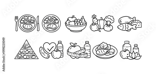 Healthy eating icons representing balanced meals, fruits, vegetables, and nutrition