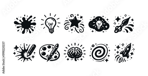 Collection of creative symbols including a lightbulb, paintbrush, and rocket