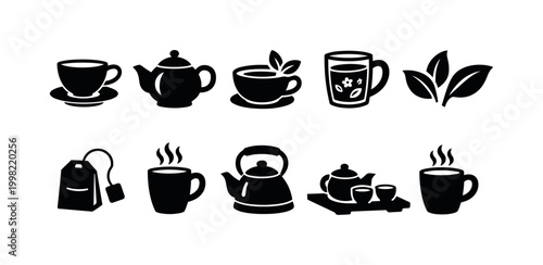 Collection of black and white icons representing tea and coffee brewing and serving
