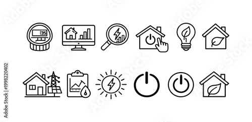 Collection of icons representing smart home energy management and sustainability concepts