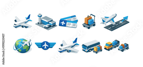 Collection of isometric icons representing air travel and airport services