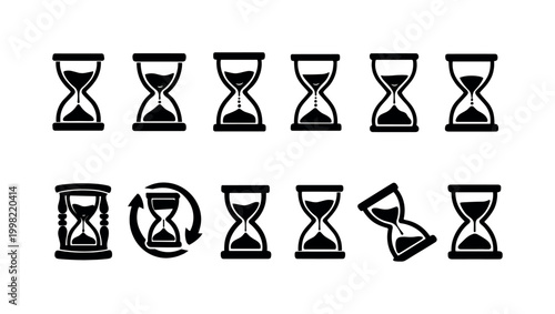 Collection of diverse hourglass icons representing time passing and measurement