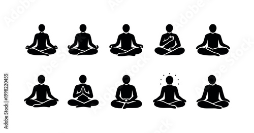 Collection of diverse yoga and meditation poses in silhouette icons