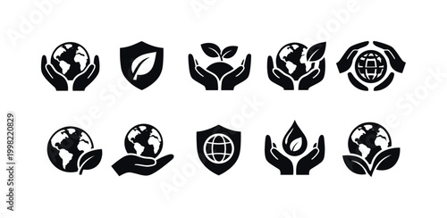 Collection of icons representing environmental protection and sustainability concepts