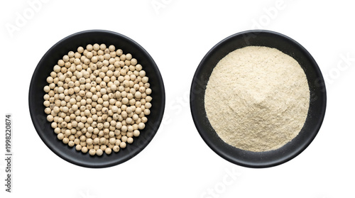 Isolated white peppercorns and ground pepper in bowls, top view on transparent background.