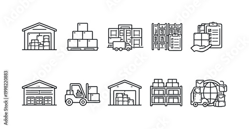 Collection of warehouse and logistics icons representing shipping and delivery services