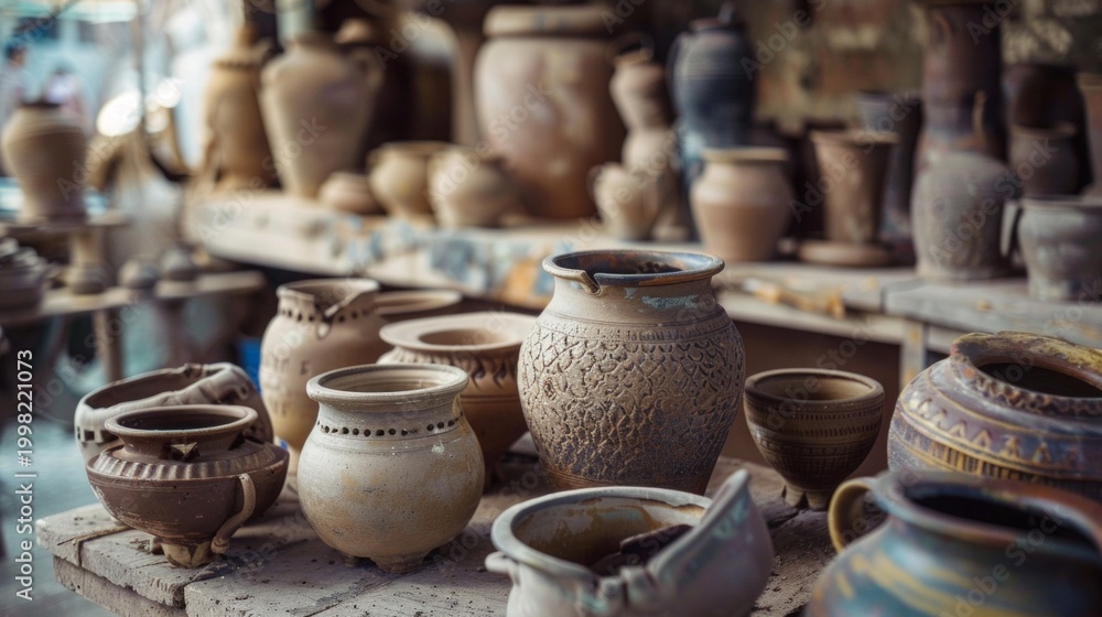 Fototapeta premium A variety of clay pots and jugs on wooden shelves provide an authentic backdrop for advertising craft workshops, ethnic goods or materials relating to traditional art.