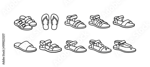 Collection of diverse footwear illustrations including sandals and flip-flops