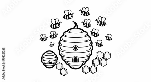 Stylized bees swarm around a large beehive with honeycomb