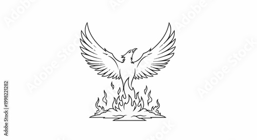 Stylized bird with outstretched wings rising from a flame