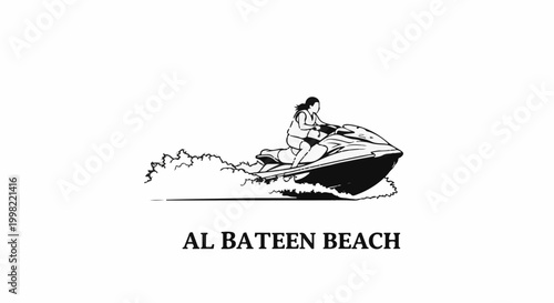 Stylized black and white depiction of a person riding a jet ski on water