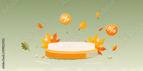 White podium with autumn leaves and percentage signs 3d render