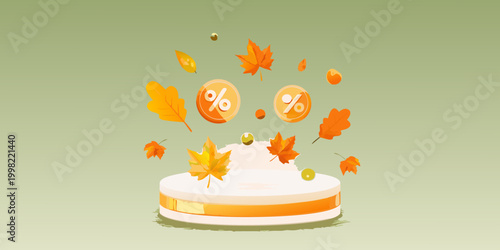 Autumn leaves and percent signs on a product display stand