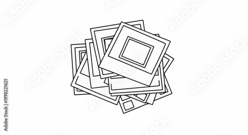 Stack of empty square instant photo frames, white background, black outline