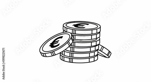 Stack of euro coins with a single coin in front, black line art