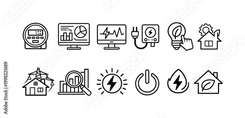 Set of icons representing energy efficiency, smart home, and power management concepts