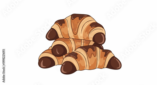 Stack of four chocolate-dipped croissants with drizzled chocolate topping