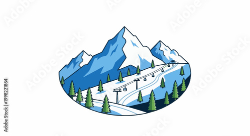 Snowy mountain peaks and pine trees with ski lifts and cable cars