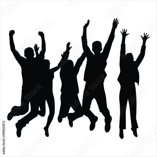Jumping People Silhouette Set with Happy Friends Celebrating and Cheering