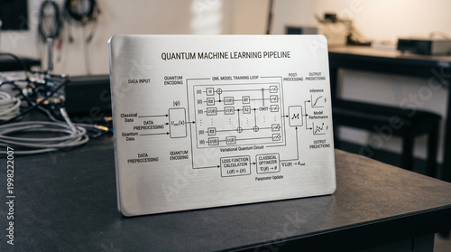 Quantum machine learning pipeline visualization etched as laser-engraved diagram on brushed aluminum plate, studio product lighting, technical art print, AI algorithm hardware concept, engineering d
