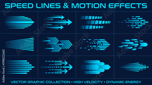 Collection of cyan blue speed lines and dynamic motion arrows vector graphics on a dark background, Symbolizing high velocity performance and providing futuristic elements for sports design