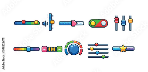 Collection of colorful pixel art sliders and controls for user interface design