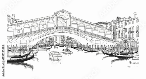 Sketch of gondolas and historic bridge over a canal in a European city