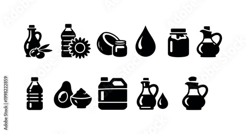 Collection of various oil and liquid icons in black and white silhouette style