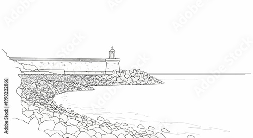 Sketch of a lighthouse on a rocky shore beside the calm sea