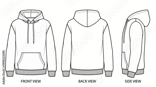 Technical flat sketch of a blank hoodie shown from front back and side views on a white background, representing garment design templates and provides apparel manufacturing specifications