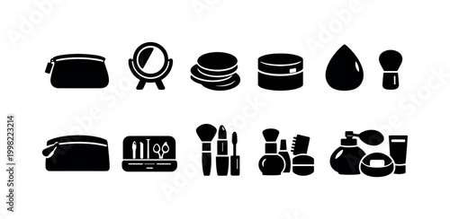 Collection of black cosmetic icons for beauty and makeup essentials