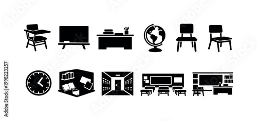 Collection of school and classroom icons representing learning and education