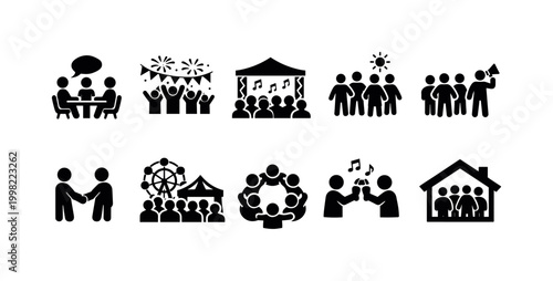 Collection of diverse people icons representing various social gatherings and activities