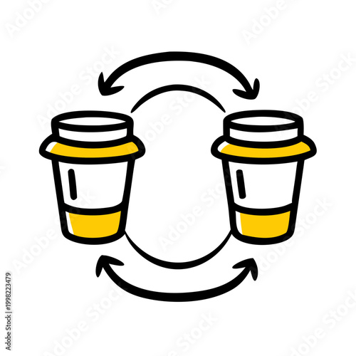 Hand drawn two coffee cups with circular arrows showing exchange of ideas and caffeine fuel.
