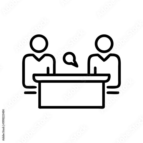Meeting room with two individuals at table. business conference and discussion outline icon.