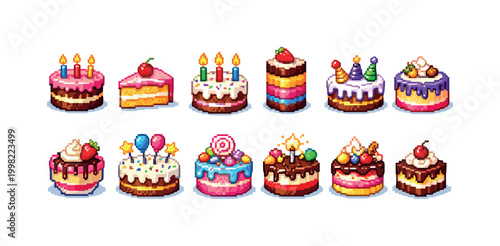 Collection of pixel art cakes and cake slices with various decorations and toppings