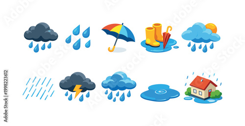 Collection of cartoon weather icons depicting rain and stormy conditions