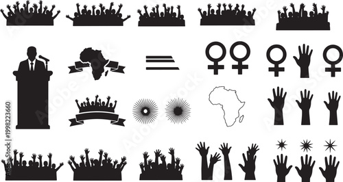 Black vector silhouettes featuring crowds, public speaker, raised hands, female symbols, and African continent maps for social activism and community themes.
