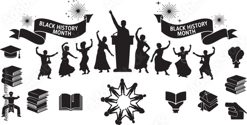 Black History Month Vector Illustration Set Featuring Silhouettes of People Dancing Speaking and Educational Icons for Cultural Celebration and Awareness
