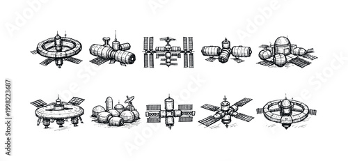Collection of hand-drawn space station and satellite designs in a sketch style