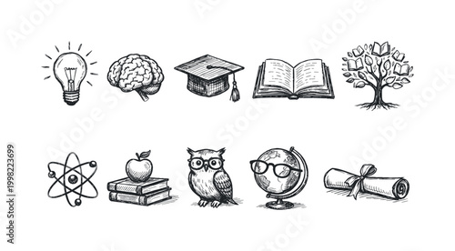 Collection of hand-drawn icons representing knowledge, learning, and education concepts