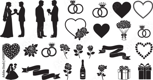 Large collection of wedding and romance vector silhouettes featuring couples, rings, hearts, roses, champagne, and gift boxes for celebration design.