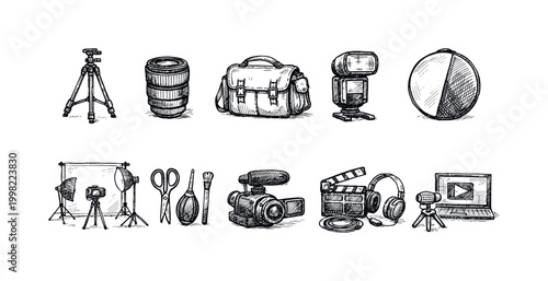 Collection of hand-drawn photography and videography equipment icons