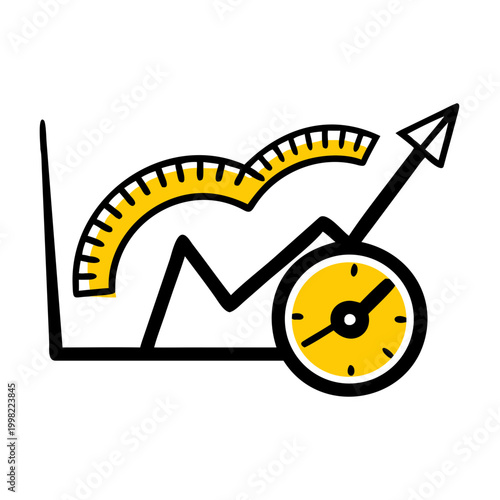 Growing graph with tape measure and clock signifies business growth and progress over time.
