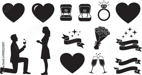 Set of romantic wedding proposal silhouettes featuring man kneeling woman hearts diamond rings flower bouquet champagne glasses and decorative banners